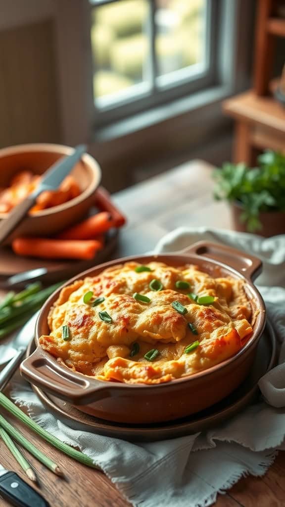 A delicious Buffalo Chicken Pot Pie Casserole topped with golden biscuits and garnished with green onions.