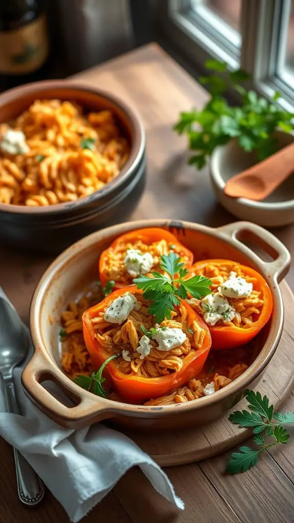 Buffalo Chicken Stuffed Pepper Casserole with blue cheese