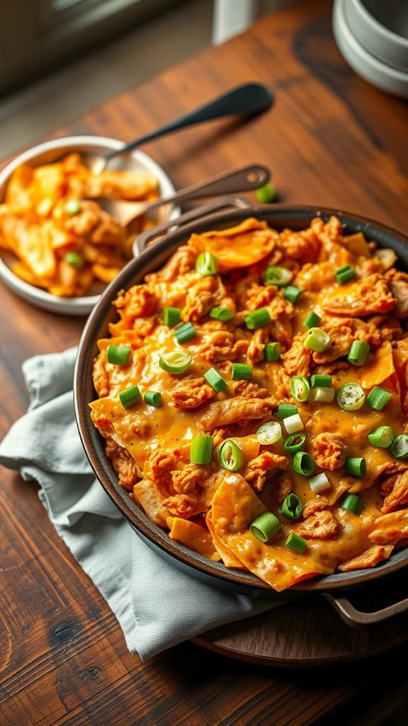 Delicious buffalo chicken taco casserole with tortillas, cheese, and green onions.