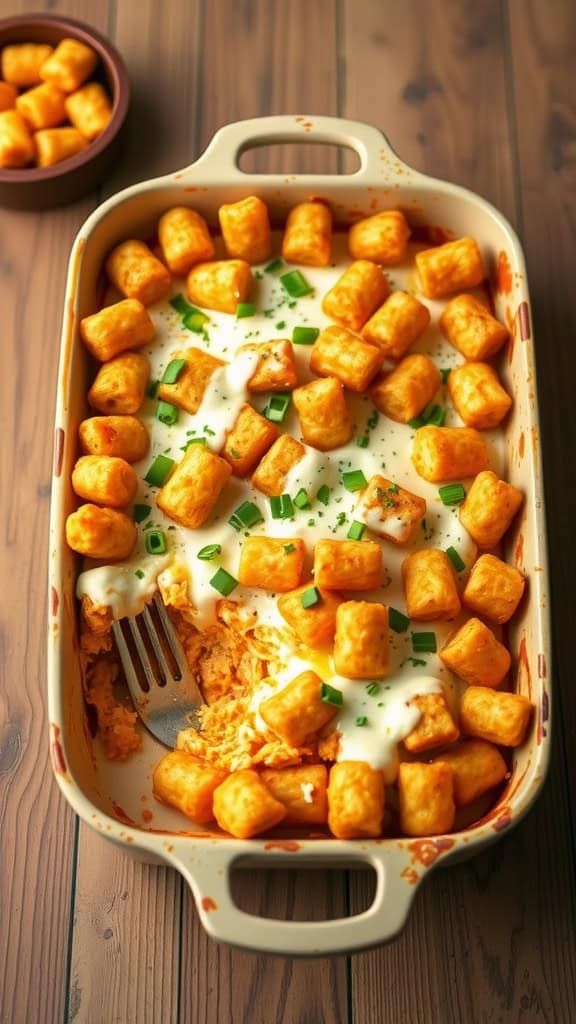 Buffalo Chicken Tater Tot Casserole topped with crispy tater tots and garnished with green onions.