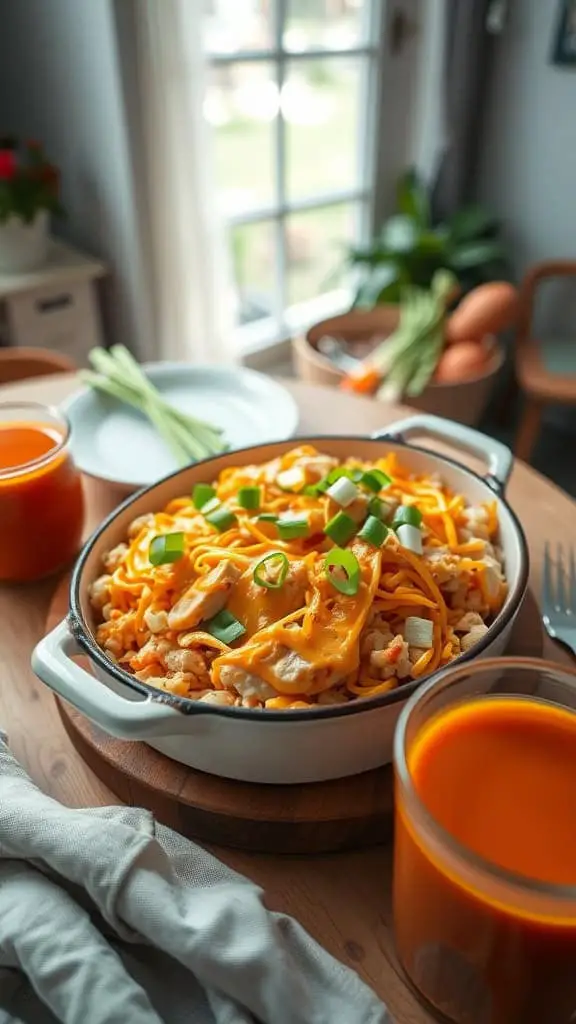 Buffalo Ranch Chicken Rice Casserole with cheddar cheese and green onions