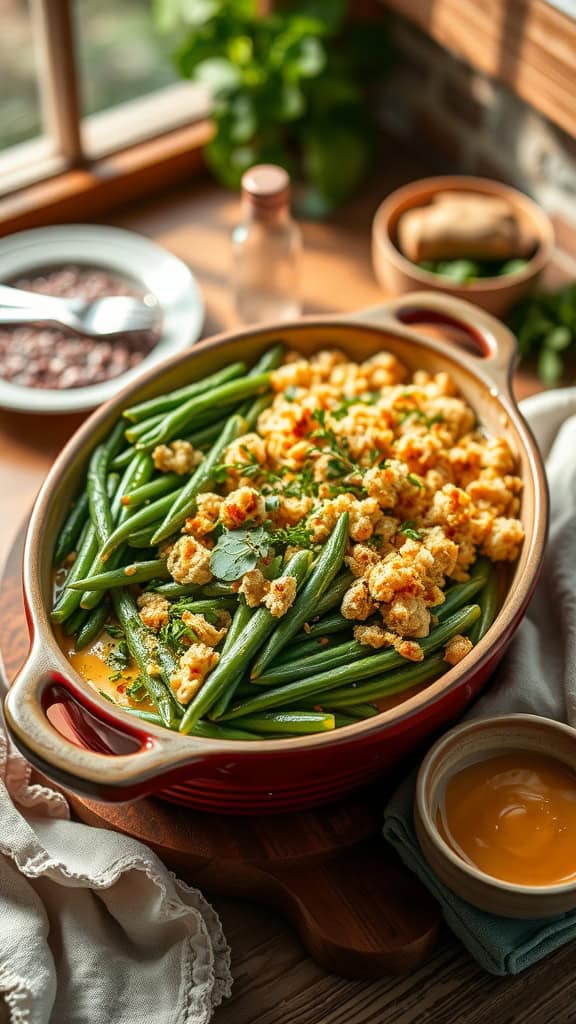 A delicious and spicy Buffalo Ranch Green Bean Bake topped with crispy fried onions.