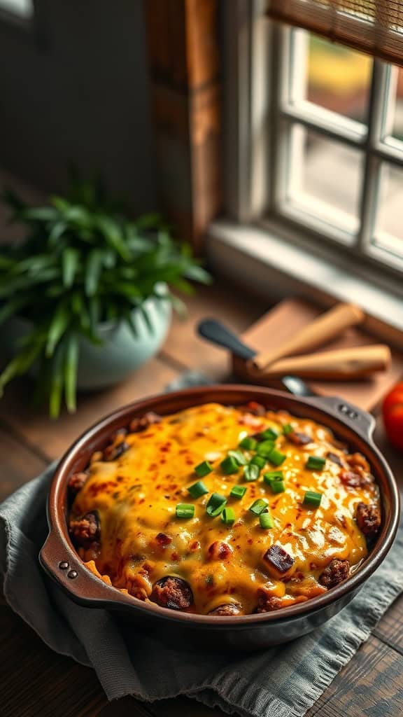 Delicious Buffalo Ranch Hamburger Casserole topped with cheese and green onions