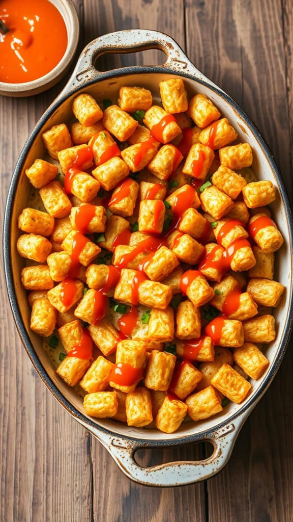 Buffalo Ranch Tater Tot Casserole with crispy tater tots and a drizzle of buffalo sauce