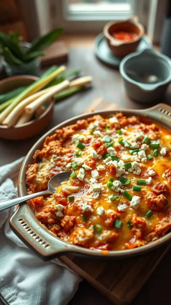 A delicious buffalo tuna casserole topped with cheese and green onions.