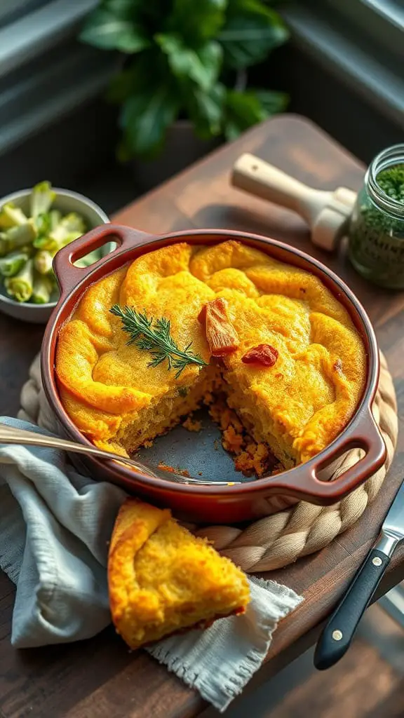 A dish of fluffy buttermilk squash cornbread casserole with a slice taken out