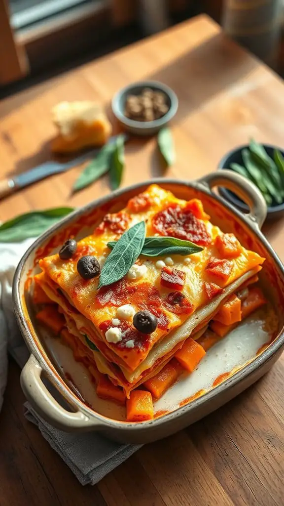 A beautifully layered butternut squash and sage lasagna in a baking dish, topped with fresh sage leaves.