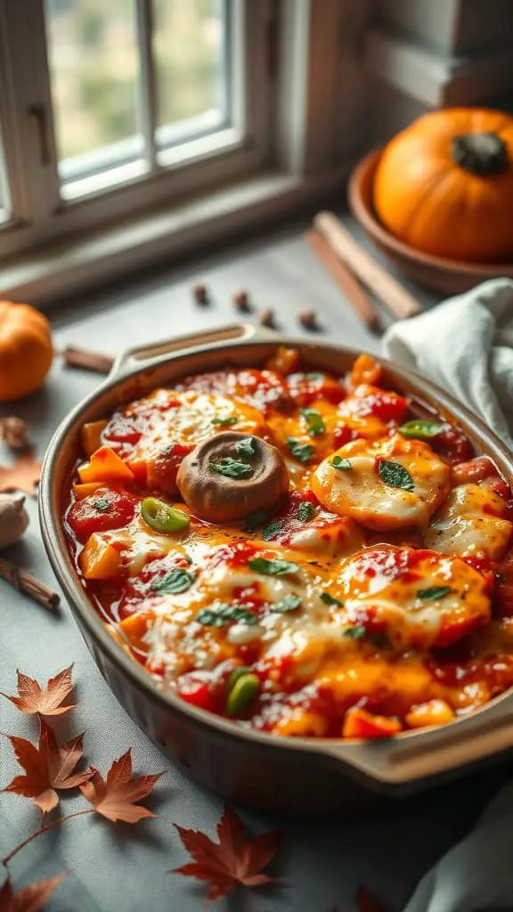 Butternut Squash Enchilada Casserole with cheese and sauce