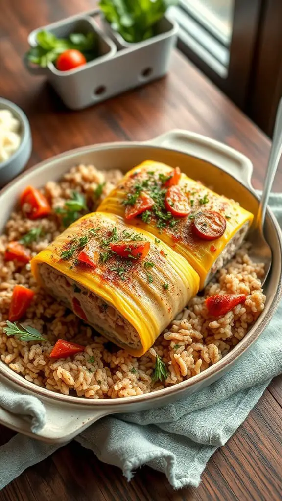 A casserole dish filled with layers of ground turkey, brown rice, and cheese, representing a deconstructed cabbage roll.