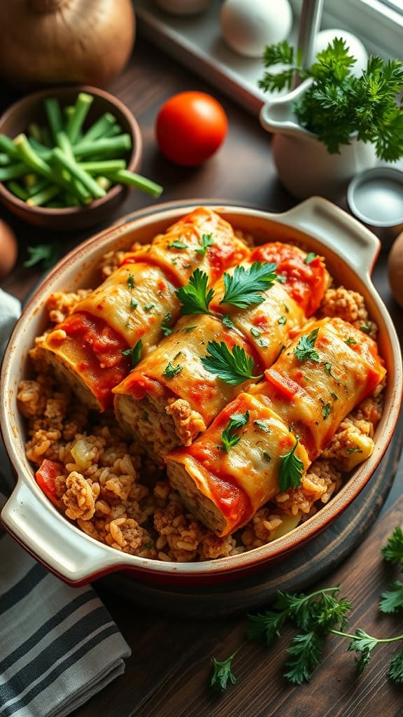 A delicious cabbage roll casserole with ground beef and rice, garnished with parsley.