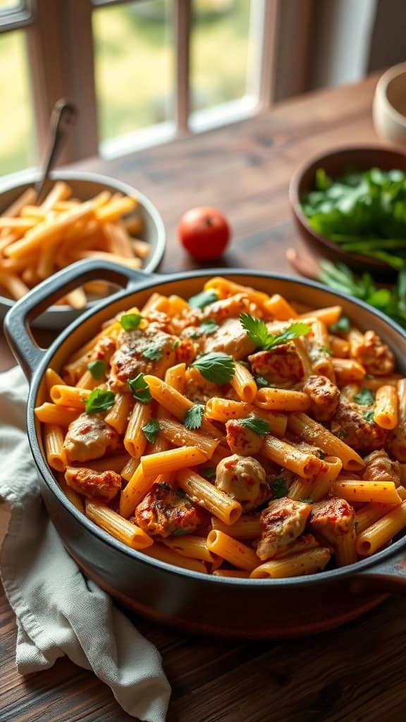 Cajun Chicken Pasta Casserole in a baking dish with pasta, chicken, and cheese.