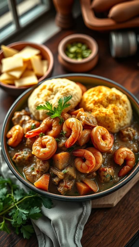 A delicious Cajun Shrimp and Gravy Biscuit Bake served with fluffy biscuits and garnished with parsley.