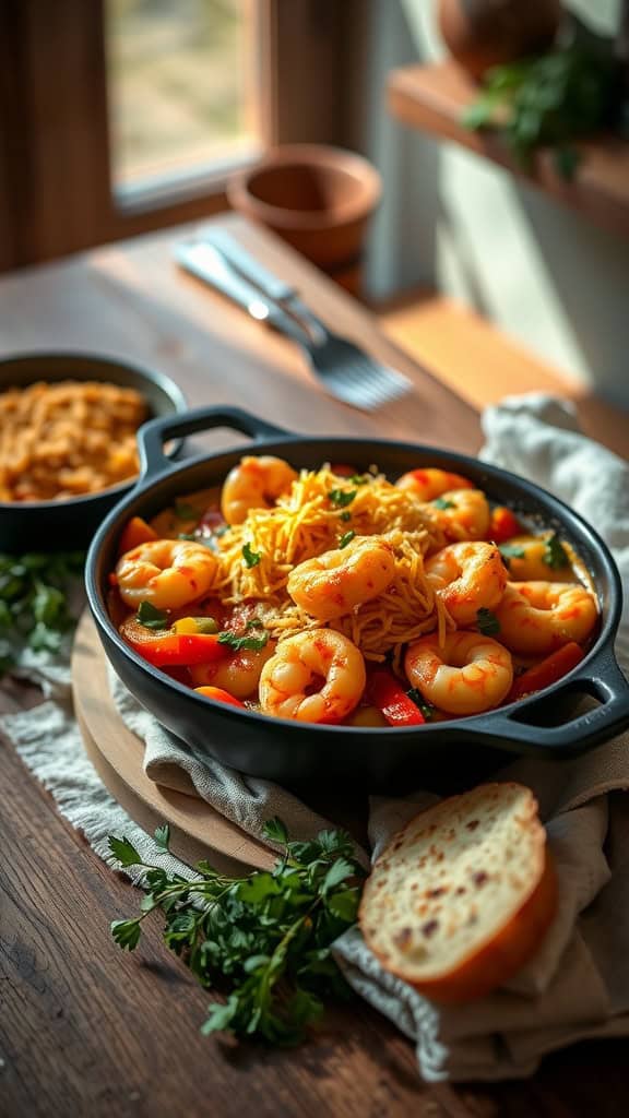 A delicious Cajun shrimp hashbrown casserole topped with cheese and colorful peppers.