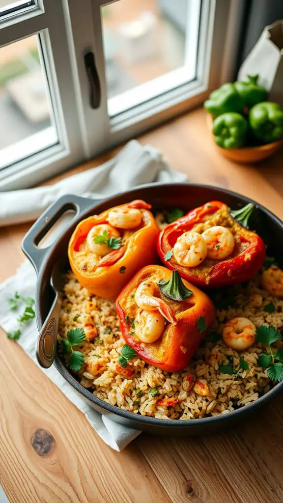 Cajun shrimp stuffed peppers with rice and creamy sauce