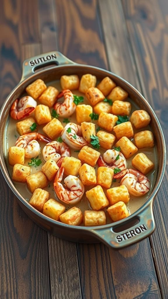 Cajun shrimp tater tot casserole with creamy sauce and crispy tater tots.