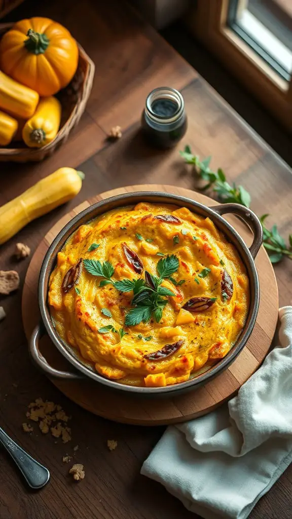 A delicious Cajun Squash Cornbread Casserole dish garnished with herbs on a wooden table.