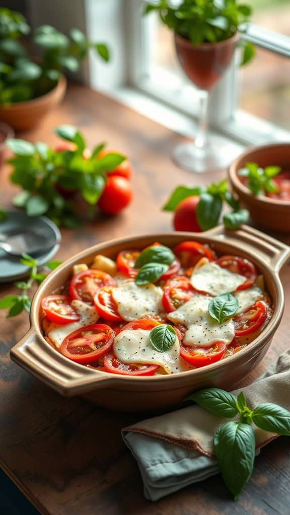 A delicious Caprese breakfast casserole with layers of tomatoes, mozzarella, and fresh basil.