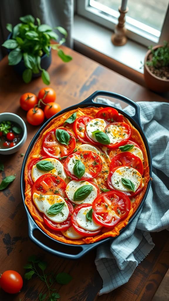 A colorful Caprese breakfast casserole with layers of tomatoes, mozzarella, and basil.