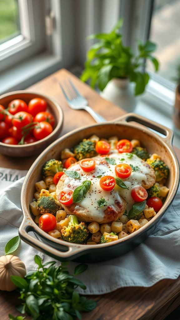 Caprese Chicken Broccoli Casserole with tomatoes, mozzarella, and basil