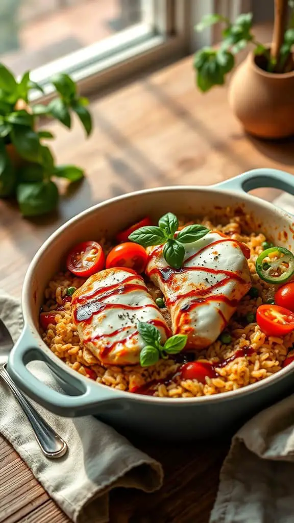 Delicious Caprese Chicken Rice Bake with fresh ingredients.