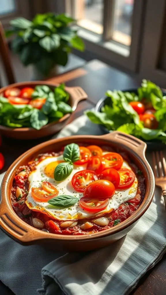 A delicious Caprese egg casserole featuring layers of mozzarella, tomatoes, and fresh basil.