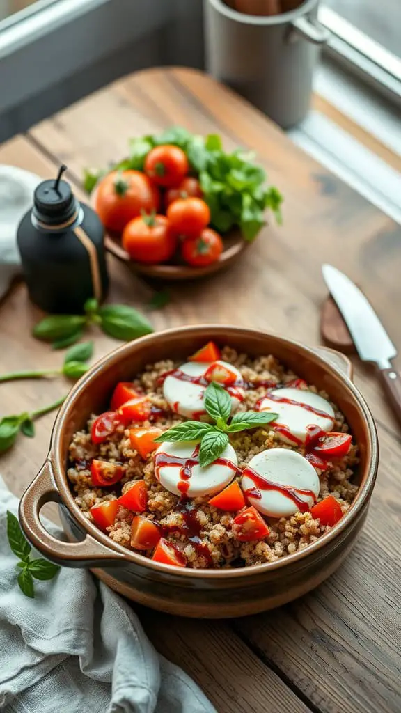 A delicious Caprese Quinoa Casserole featuring tomatoes, mozzarella, and a balsamic drizzle.