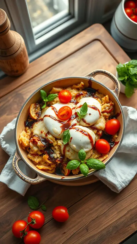 A delicious Caprese Tuna Casserole with mozzarella, cherry tomatoes, and balsamic glaze, showcasing a comforting meal.