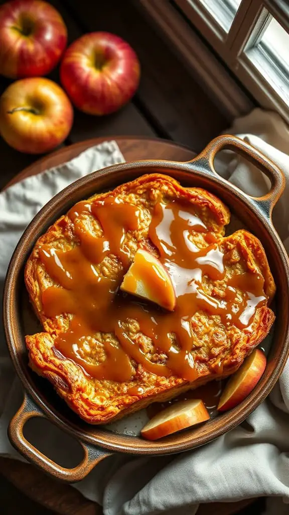 A delicious caramel apple French toast casserole topped with caramel sauce