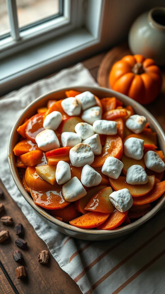 A delicious caramel apple sweet potato casserole topped with marshmallows.