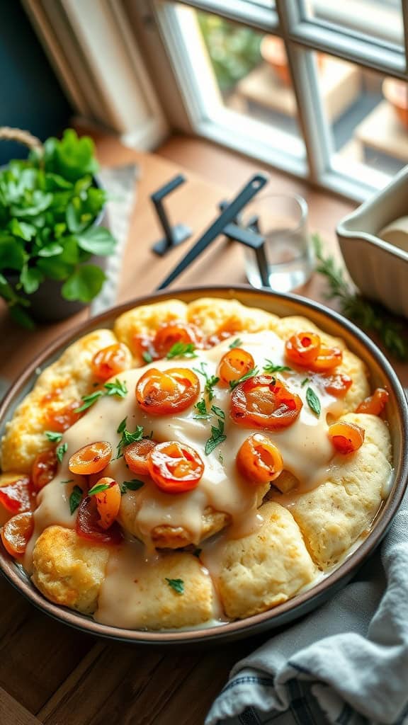 Caramelized onion gravy biscuit casserole topped with cherry tomatoes and herbs.