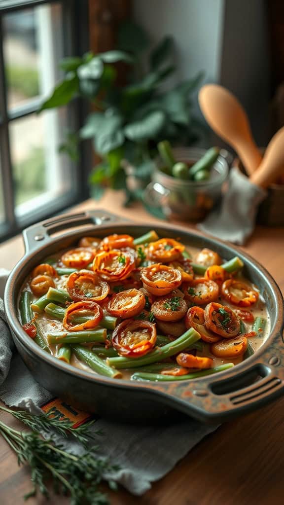 Caramelized onion green bean casserole with crispy fried onions