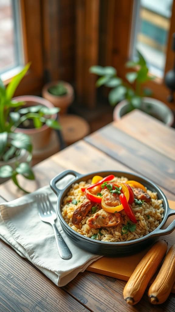 A serving of Caribbean Jerk Chicken Rice Bake with plantains on the side.