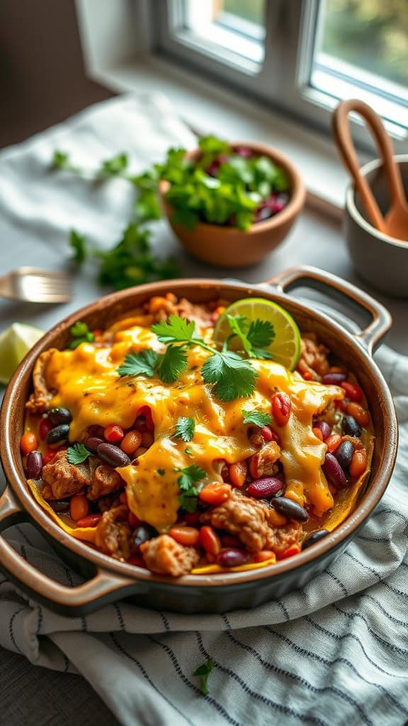 A delicious carnitas casserole with layers of pulled pork, beans, tortillas, and cheese.