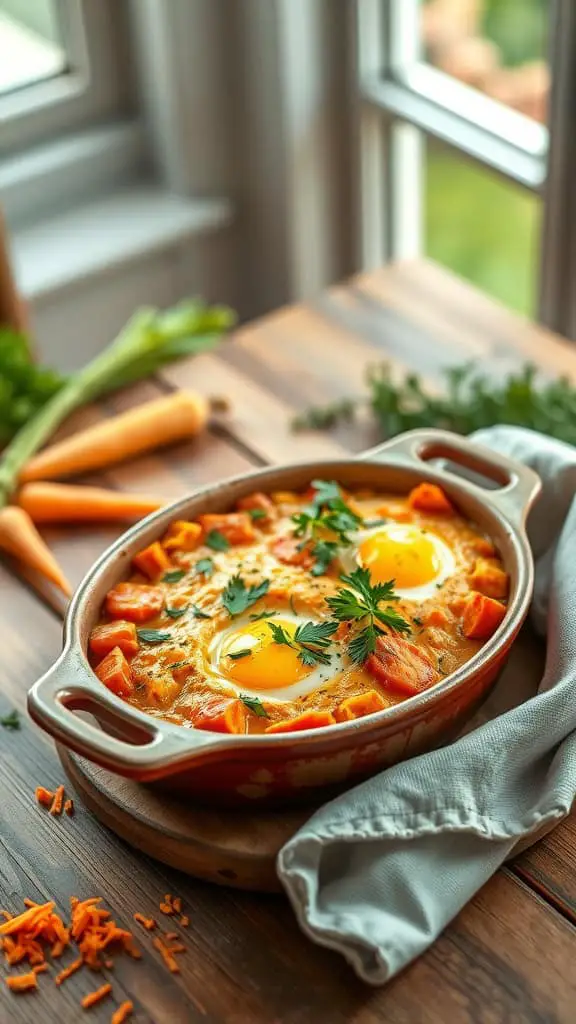 A vibrant Carrot and Ginger Egg Casserole with eggs baked on top, garnished with fresh herbs.