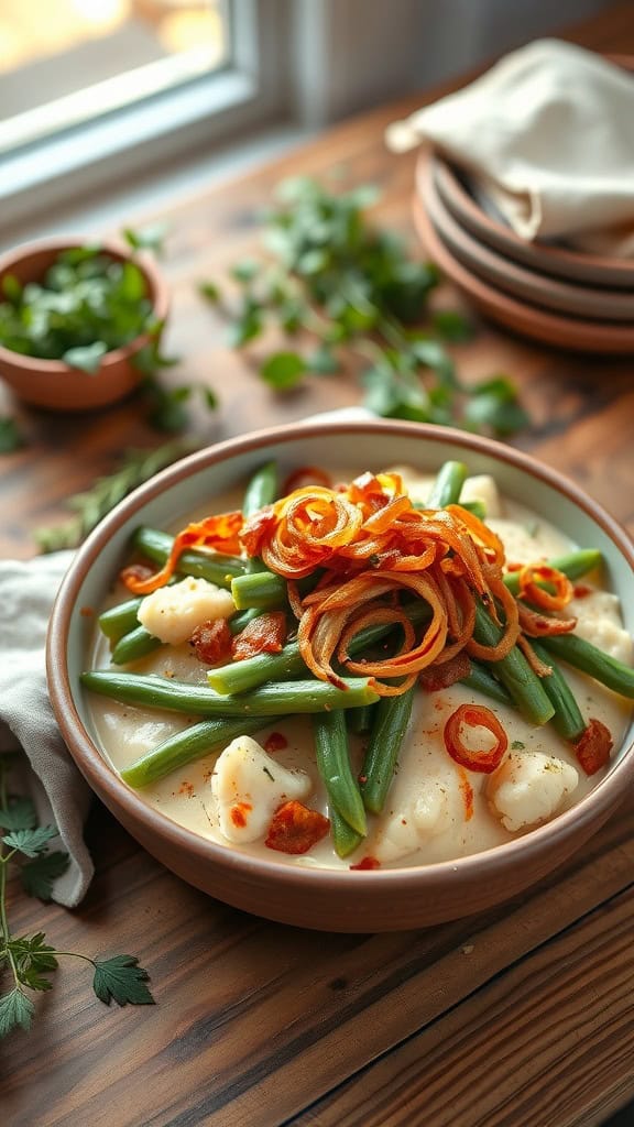 A delicious low-carb Cauliflower Cream Green Bean Casserole topped with crispy fried onions.