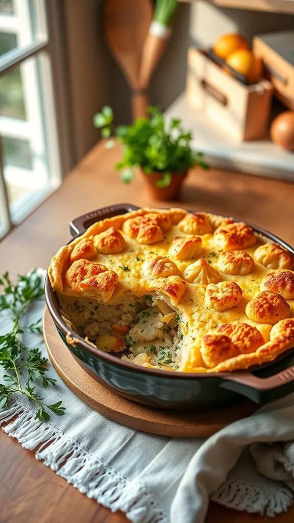 A delicious cauliflower crust chicken pot pie casserole, golden and bubbling from the oven.