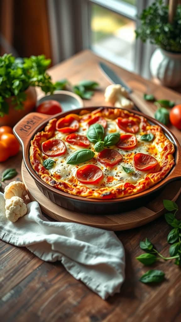 Cauliflower Pizza Casserole with fresh basil and pepperoni