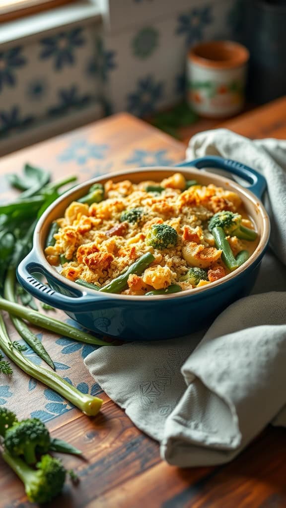 Cheddar broccoli green bean casserole in a blue baking dish