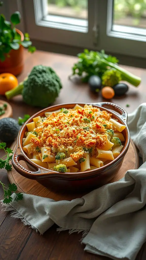 A delicious Cheddar Broccoli Pasta Bake in a ceramic dish, topped with breadcrumbs and melted cheese.