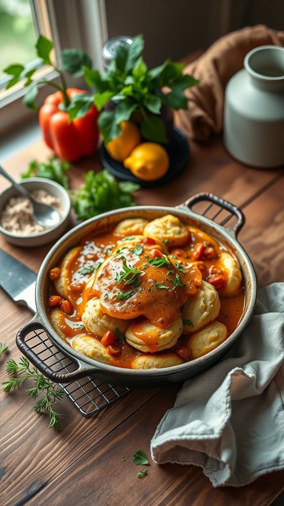 A delicious casserole dish with biscuits and spicy chorizo gravy.