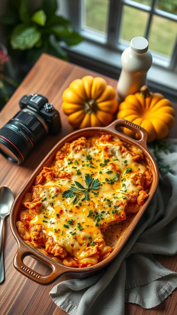 Cheddar ranch squash casserole with melted cheese on top, served in a baking dish