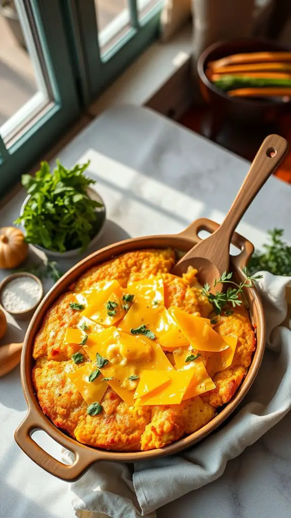 Cheddar squash cornbread casserole with melted cheese on top