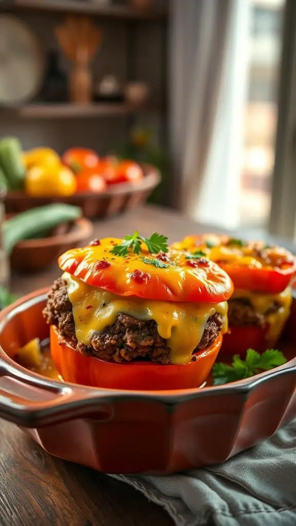 A delicious cheeseburger stuffed pepper casserole with ground beef and melted cheese.