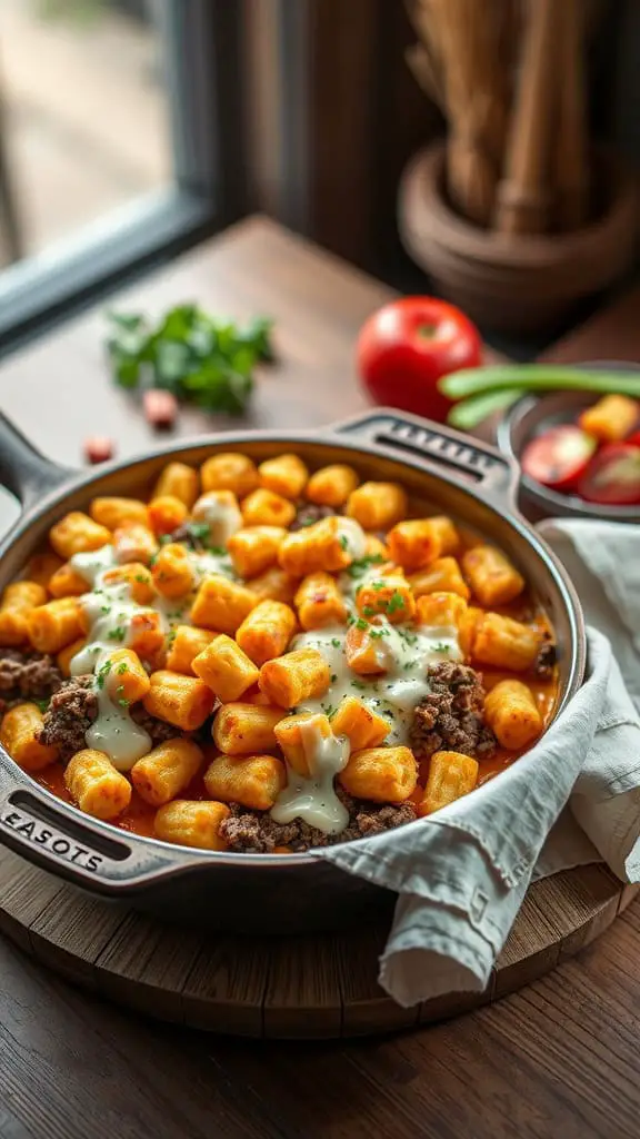 A hearty casserole dish topped with golden tater tots and melted cheese.