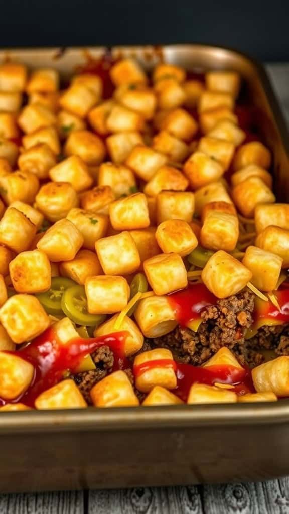 A delicious cheeseburger tater tot casserole topped with crispy tater tots and cheese.