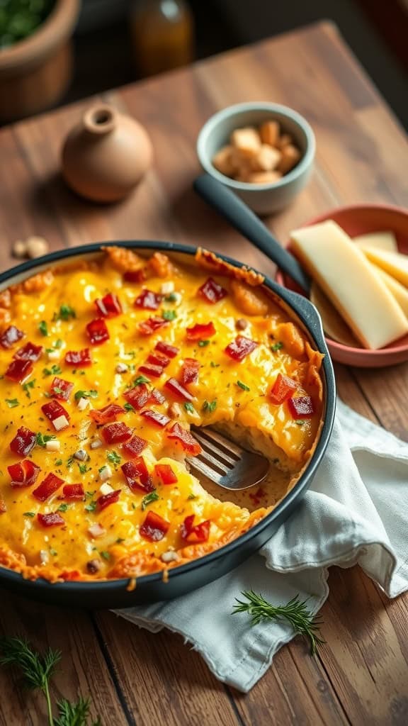 A deliciously cheesy bacon casserole with crispy tater tots and melted cheddar on top.