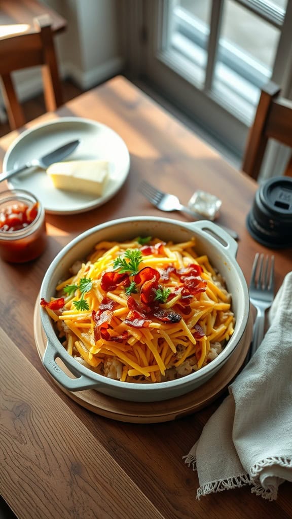 A delicious Cheesy Bacon Hashbrown Casserole topped with melted cheddar cheese and crispy bacon.