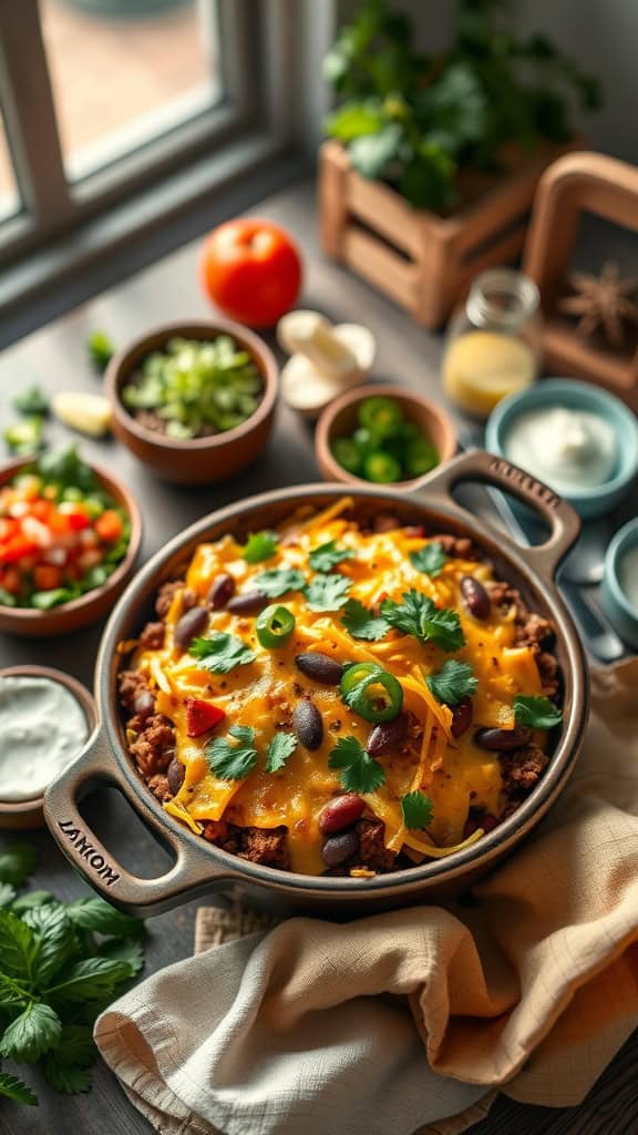 A delicious cheesy beef and bean taco casserole topped with melted cheese and fresh herbs.