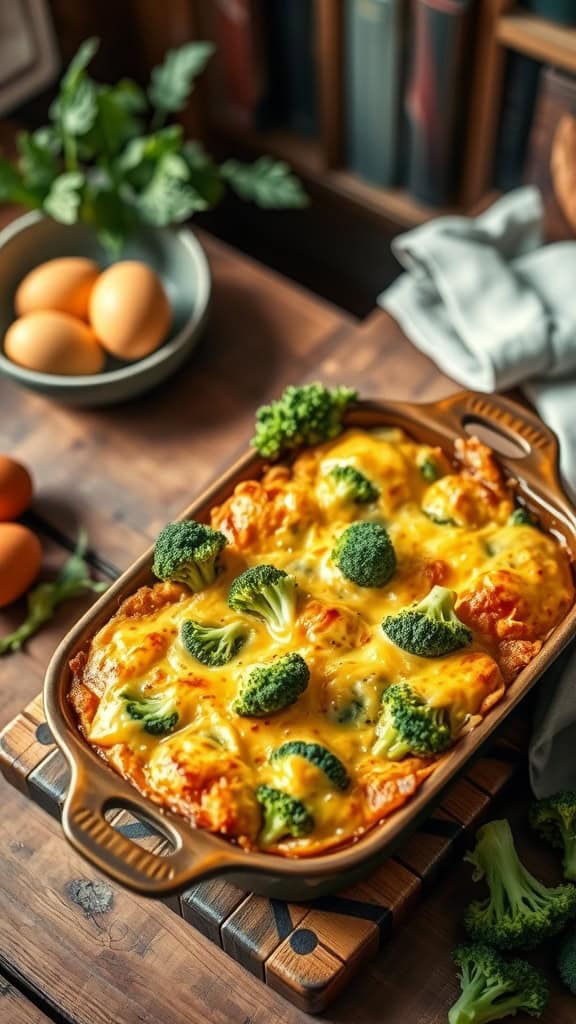 A cheesy broccoli breakfast casserole topped with cheddar cheese and fresh broccoli, baked until bubbly and golden.