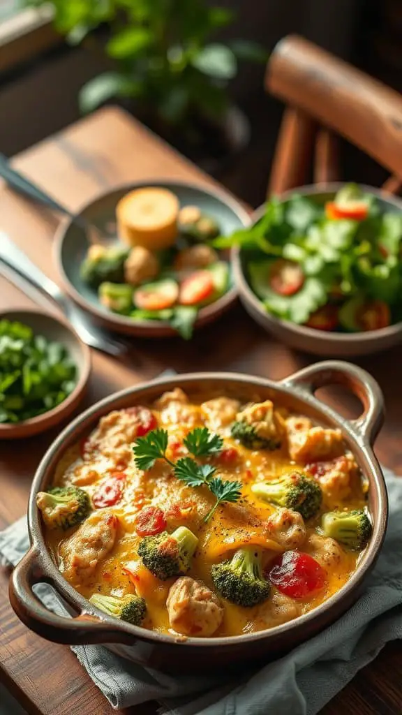 A creamy broccoli casserole dish with cheese and topped with crackers, served with fresh salad.